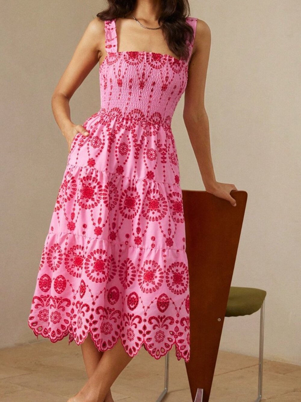 Pink Boho Elegant Women's Hollow-Out Embroidered Sleeveless Maxi Dress - Picture 6 of 7
